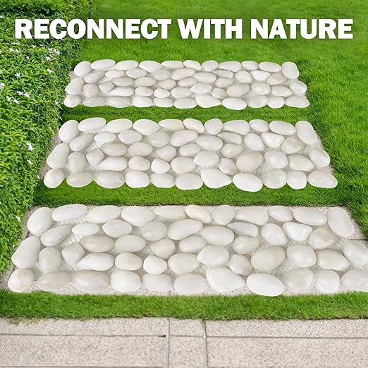 River Rock Stepping Stones Outdoor for Garden Walkway, 6 Pcs 12" L x 4" W Rectangle Shape Paver Step Stones Polished Pebble River Stone Mat for Yard Lawn Patio Pathway Walk Way - White