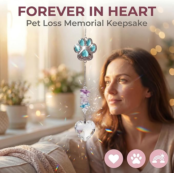 Pet Memorial Gifts for Dogs Cats: Heart Crystal Suncatcher Dog Memorial Gifts Loss of Dog Sympathy Gift Pet Remembrance Gift for Grieving Friends Family Member, Cat Memorial Gifts for Loss of Cat