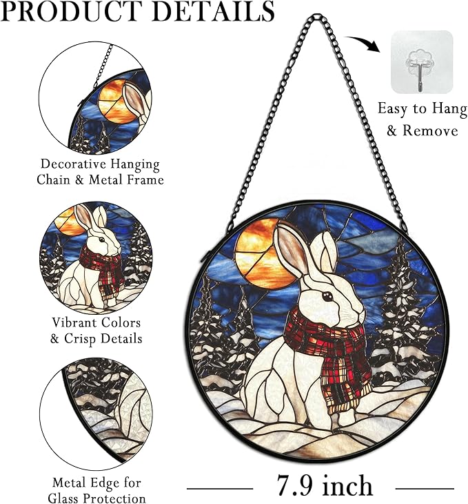 Winter Christmas Bunny Suncatcher Stained Glass Window Hanging Decorstions, Nature Landscape Stained Glass Wall Decor, Winter Solstice Gifts, Forest Garden Lawn Sun Catchers Art, 7.9x7.9Inch