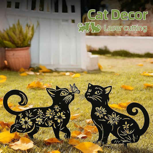 Metal Cat Garden Decor for Outside (2 Pack), 14 Inch Yard Art Stakes,Unique Cat Gifts for Kitty Lovers, Outdoor Lawn Statues and Weather Resistant Yard Art