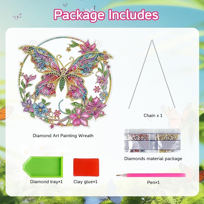RDCREW DIY Butterfly Diamond Art Wreath Kits - Special Shaped Rhinestone Diamond Painting Suncatcher Hanging Ornament Window Pendants Gift for Home Garden Wall Indoor Outdoor Decor, Small
