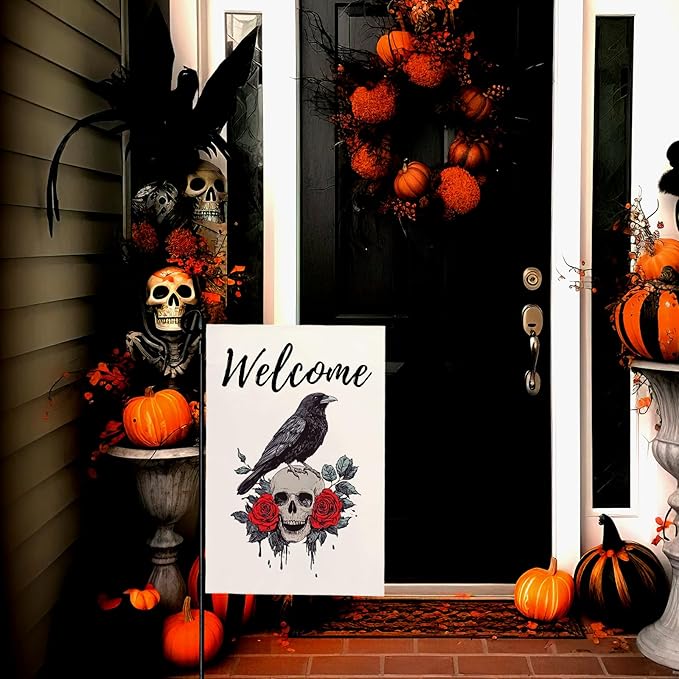 Halloween Welcome Garden Flag Skull Floral Rose Crow Double Sided Vertical Yard Flag Day Of The Dead Bird Rest Bird Floral House Flags 12 x 18 Inches Holiday Villa Outdoor Decorative