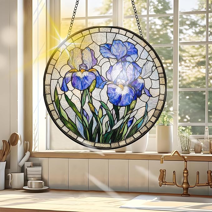 VAIIEYO Purple Flowers Sun Catcher Stained Glass Window Hanging Ornament, Handmade Sun Catcher Flower Decoration with Hooks for Window Garden Home, Housewarming Gift 7.8 inch