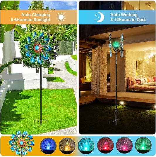 MLKNK Wind Spinners for Yard and Garden - Wind Sculptures & Spinners, 75 Inch, Navy Blue, Kinetic Art with Solar Powered Multi-Color Glass Ball Light