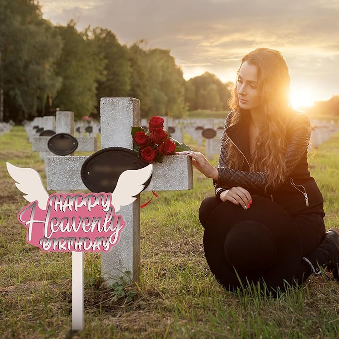 AceOrbit 13.8 X 7.9 Inches Large Happy Birthday in Heaven Decorations Cemetery Decorations for Grave Metal Memorial Remembrance Stake, Grave Markers for Human Cemetery Garden Yard Site Outdoor (Pink)