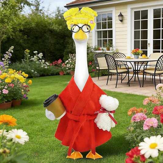 Lady Porch Goose Outfits,Bathrobe Porch Goose Statue Costume with Curlers Reading Glasses Coffee Cup Towel,Cute Goose Clothes for 23-Inch Cement Statue,Lawn Yard Garden Patio Decor(Red)