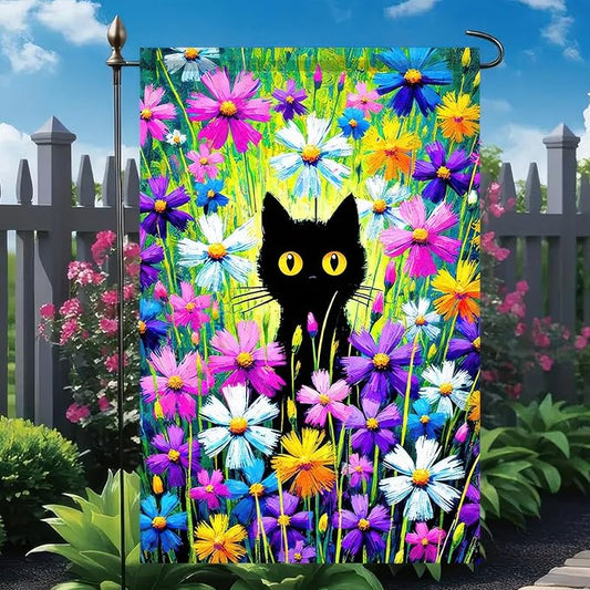 BlissYard Welcome Spring Summer Garden Flag Spring Black Cat Garden Flag 12x18 Double Sided Kitty Yard Lawn Daisy Pansy Flower Floral Outside Decoration Seasonal Farmhouse Outdoor Small Porch Decor