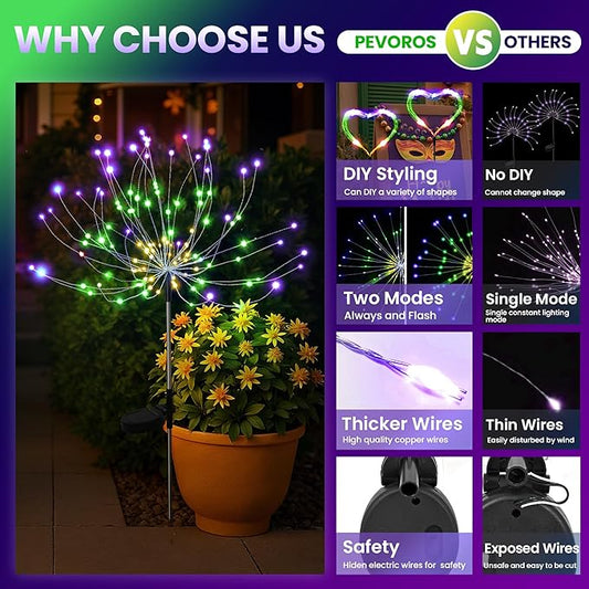 PEVOROS Garden Decor Solar Lights Outdoor,4 Pack 120LED Waterproof Colorful Solar Garden Lights Your Outdoor Decoration,Yard, Patio, Porch,Flower Pot,Pathway,Christmas (Purple, Green, Yellow)