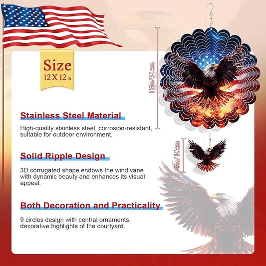 Rngmsi American Flag Eagle Hanging Wind Spinner Outdoor, 12 Inches 3D Stainless Steel Yard Decorations, 250th Anniversary Home Yard Art Gifts for Women