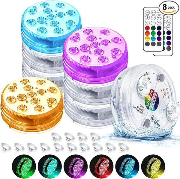 LOFTEK Submersible LED Lights with Remote, 13 LED Pool Lights for Inground Above Ground Pool with Magnets &Suction Cups,16 Color Changing Underwater Light for Ponds Battery Operated, 8 Pack