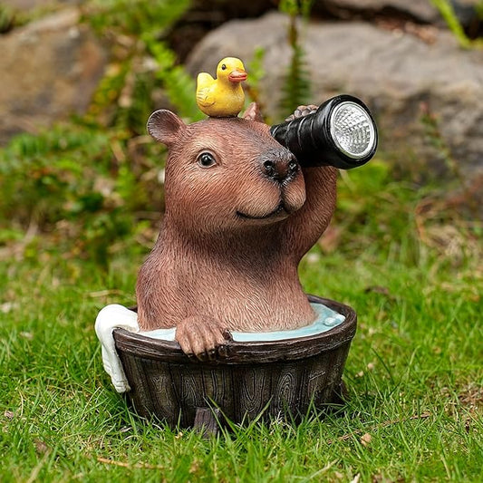 Joint Honglin Capybara Solar Garden Statue – Funny Outdoor Resin Animal Decor with Flashlight & Duck – Waterproof Yard Lawn Ornament with LED Light – Solar Powered Figurine for Patio, Porch, Landscape