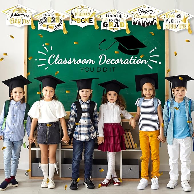 Chunful 12 Pack Graduation Yard Signs Grad Decoration 2026 Happy Graduate Lawn Garden Sign with Stake Congrats Outdoor Plastic Cap Hanging Ornament for Class Pathway Walkway Porch Party(White Gold)
