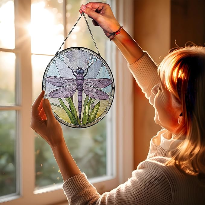 6" Dragonfly Stained Glass Suncatcher โ Window Hanging Colorful Glass Panel for Home Decor, Gifts, Kitchen, Living Room โ Handmade Sun Catcher Decoration for Nature & Garden Lovers BUG-07C-SG6