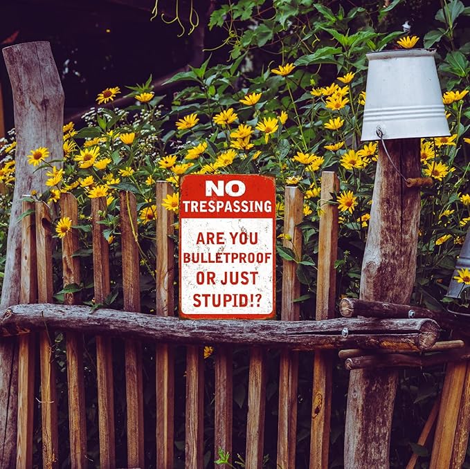 Funny No Trespassing Sign, Metal Warning Tin Signs, Are You Bulletproof or Just Stupid, Yard Sign Garage Farm Garden Wall Decor Sign Plaque Outdoor for Home Fence 8 X 12 Inches