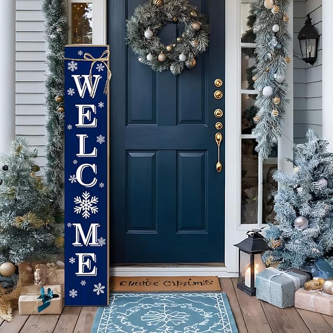 Christmas Porch Sign Xmas Snowflake Welcome Sign Vertical Standing Sign For Front Porch Decor Farmhouse Wall Hanging for Patio Yard Party Indoor Outdoor Winter Holiday Decoration 47.2"H Blue