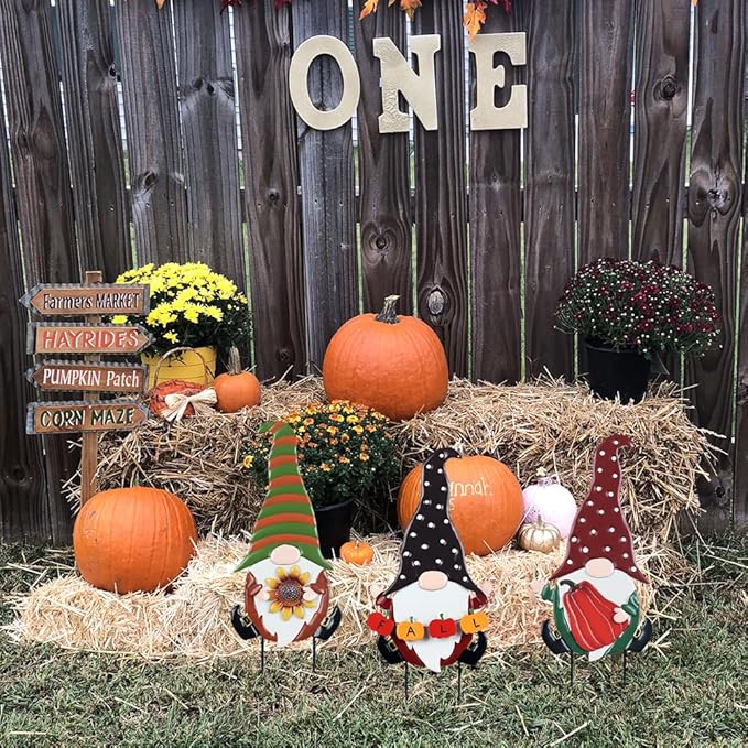 YEAHOME Fall Decorations for Home Outdoor, 3 Pack Gnomes Decorative Garden Stakes for Fall Decor, Autumn Metal Yard Signs for Outside Garden Lawn Porch Thanksgiving Decorations
