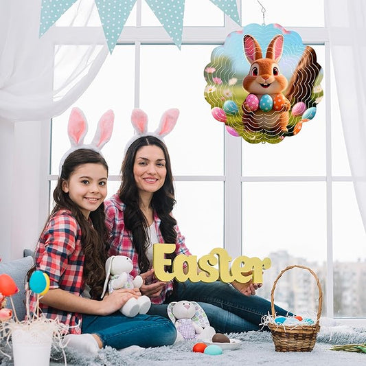 Rabbit Metal Wind Spinner for Garden, Rabbit Eggs Gifts for Easter Women Men Mother Father, 12 Inch Hanging Wind Spinner for Outdoor & Indoor Decorations