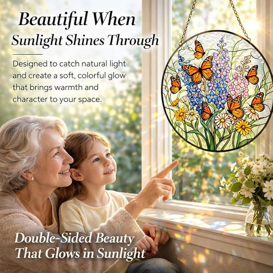Wildflower Butterfly Suncatcher Window Hanging, 7.8" Stained Glass Decor, Meaningful for Mom, Grandma, Family and Friends, Home Decor for Window, Kitchen, Sunroom and Garden