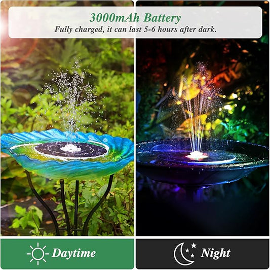 AISITIN 6.5W Solar Fountain Pump with Colorful LED Lights, 3000mAh Battery, Anti-Drift Brackets, 10 Nozzles, Remote Control, Solar Powered Bird Bath Fountain for Outdoor Garden Pond Fish Pond Backyard