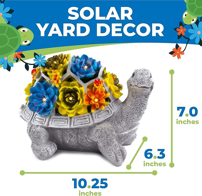 Solar Garden Outdoor Turtle Statue with Succulent and 7 LED Solar Lights – Lawn Decor Tortoise for Patio, Balcony, Yard, and Outdoor Solar Lantern
