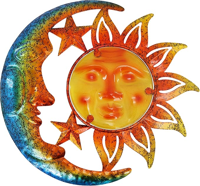 Metal Sun&Moon Wall Art Decor,12 Inch Retro Hanging Decor With Glass,Sun Moon Star Valentine Wall Decorations For Patio Yard Garden Fence Living Room Bedroom