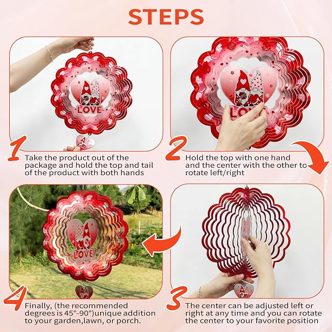 Gnome Wind Spinners Hanging Valentine's Day Gifts for Lover,12 inch 3D Metal Valentine Gnome Gifts Outdoor Decor for Yard and Garden,Valentine’s Day Decoration for Romantic Home
