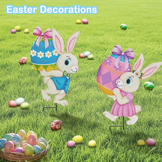 Easter Decorations Outdoor,2 Pack Metal Easter Egg Bunny Yard Signs for Outside,Cute Bunny Garden Stakes for Lawn,Yard,Rabbit Gifts for Women