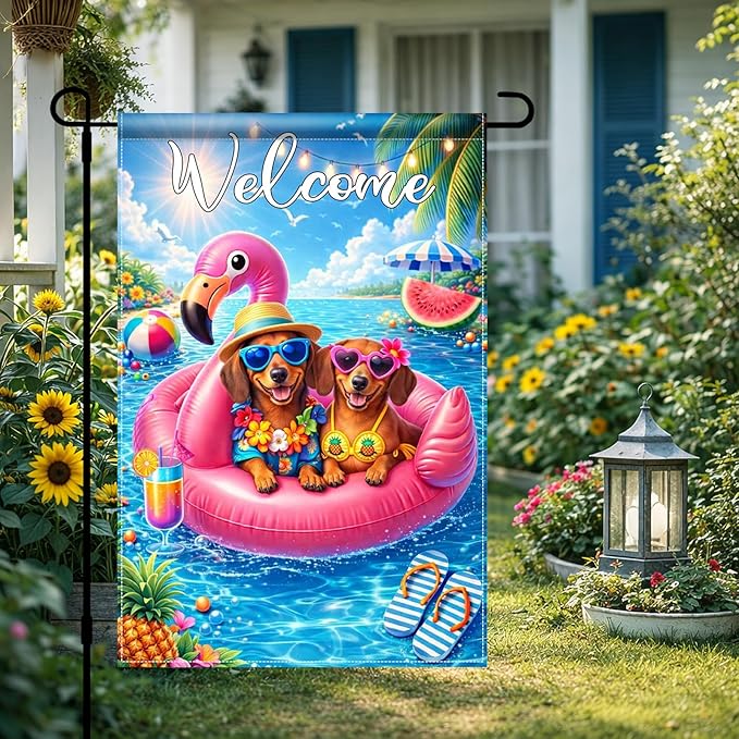 BlissYard Welcome Flamingo Pool Dog Garden Flag 12x18 Double Sided Vertical Outdoor Decor Labrador Retriever Summer Poolside Yard Garden Lawn Banner Bright Seasonal Display