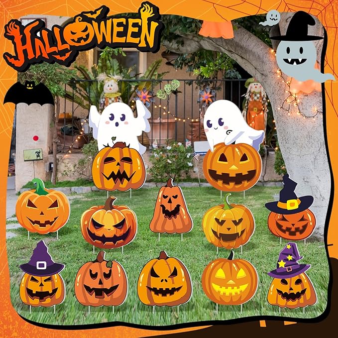 Amyhill 12 Pcs Halloween Pumpkin Yard Signs for Outdoor Halloween Ghost Jack O Pumpkin with Witch Hats Lawn Stakes Spooky Trick or Treat Yard Decorations for Garden Prop Home Party Decor