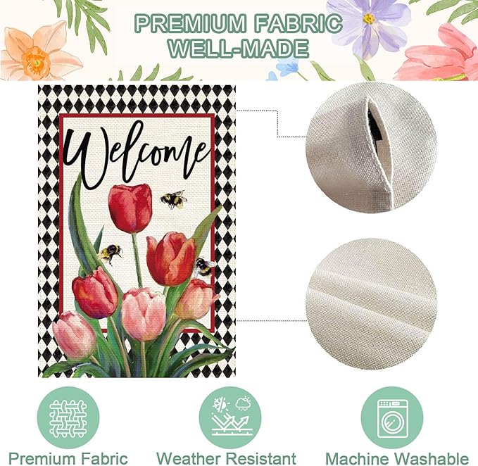Baccessor Spring Tulip Welcome Garden Flag 12.5 x 18 Inch Double Sided Burlap Easter Floral Flowers Buffalo Plaid Small Yard Flag Summer Holiday Seasonal Outdoor Outside Decoration