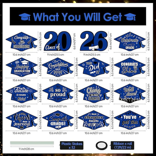 16 Pieces 2026 Graduation Yard Signs Plastic Congrats Grad Decor with 32 Stake and Ribbon Graduate Cap Hanging Yard Sign for Party Outdoor Lawn Pathway Walkway Decorations(Blue and Black)