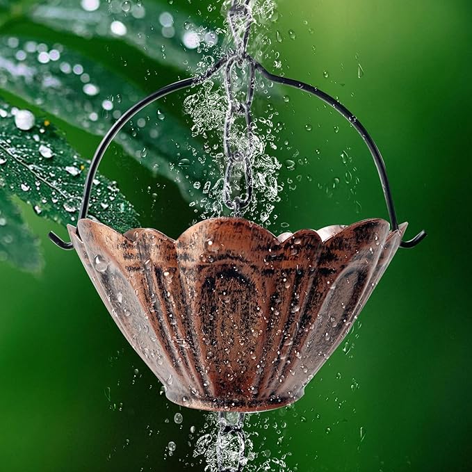 Copper Lotus Rain Chain 8.7 FT, Decorative Metal Rain Catcher with 12 Cups, Gutter Downspout Replacement