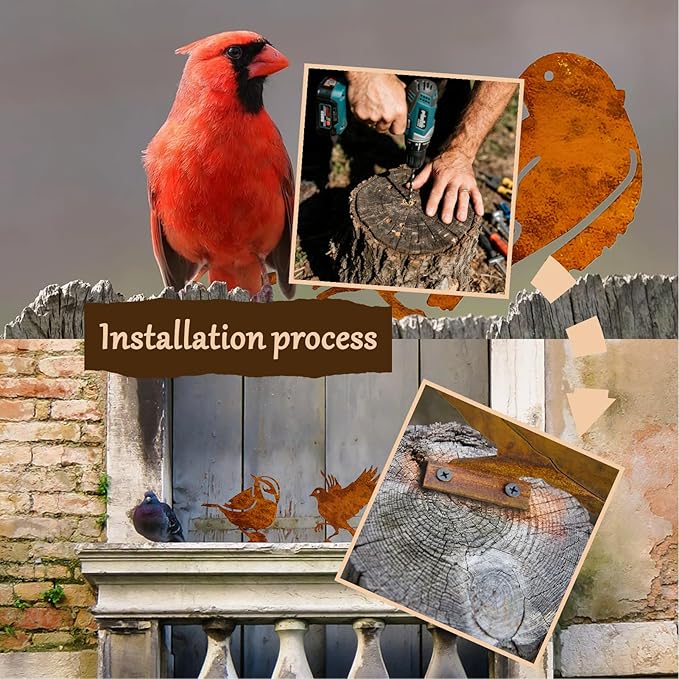 5PCS Rusty Metal Birds Garden Decor - Vintage Yard Art for Fence Decorations, Rustic Outdoor Decor, Ideal Gift for Bird Lovers (Wrens, Life-Size Silhouettes)