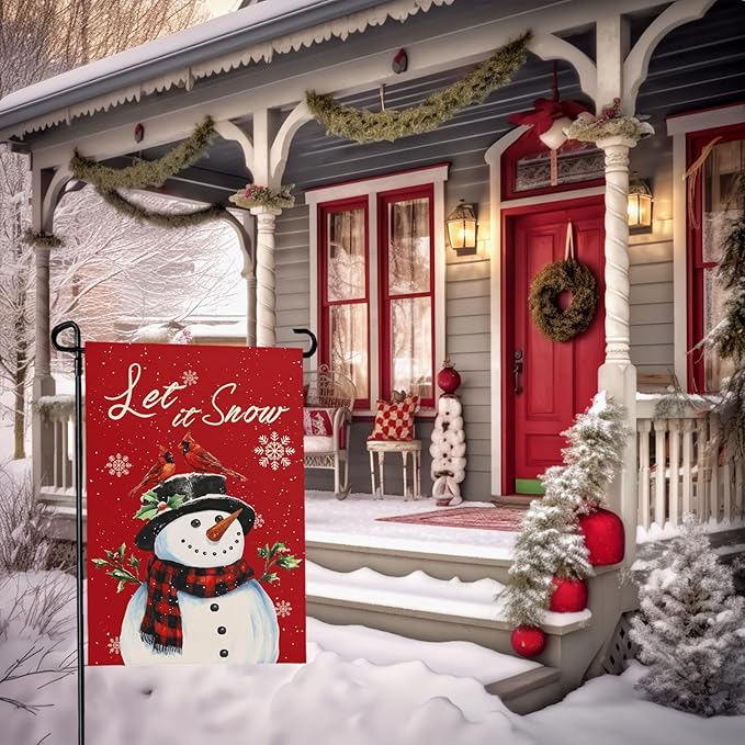 Christmas Snow Snowman Garden Flag Winter Snowflake Yard Flag 12x18 Inch Double Sided Red Cardinal Birds House Banner Merry Xmas Poinsettia Happy Holiday Wall Banners Farmhouse Outdoor Decor