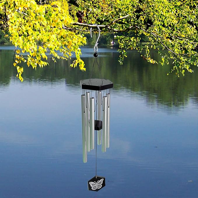 FONMY Wind Chimes Outdoor w/Butterfly Sign Memorial Windchimes Great Wind Chime Gifts Soothing Melodic Tones & Bamboo/Aluminum Chime for Garden Home or Yard-31 Length Silver Chimes Hanging Decor.