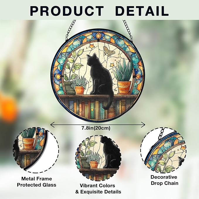 Black Cat Stained Glass Window Hanging, Book Lovers Suncatchers Sun Catchers Indoor Window Glass Wall Art, Book Reader Gifts, Black Cat Round Wall Hanging Decor, 7.9x7.9in,