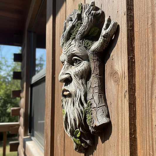 Old Man Tree Face Hugger Outdoor Decor, Handmade Tree Art Resin Statue with Foliage & Root Details, Whimsical Hanging Yard Art for Garden Wall Fence