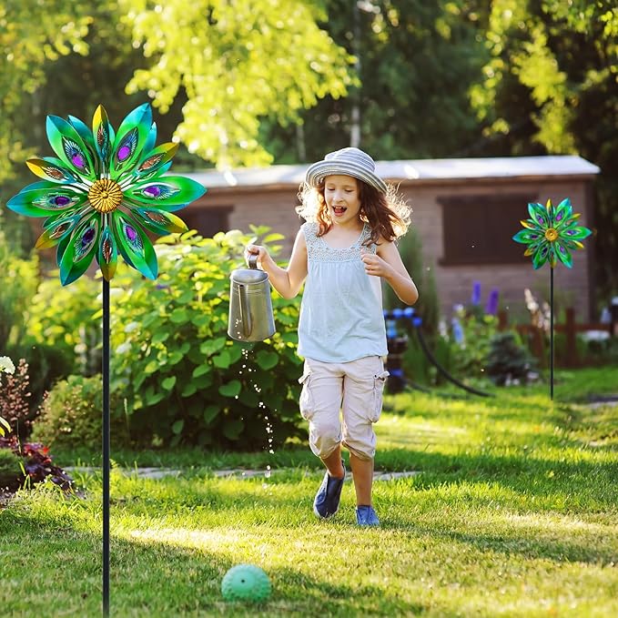 53 Inch Wind Spinner - Outdoor Metal Peacock Wind Sculptures for Garden, Patio, Yard, Lawn Decorations Double Windmill Spinner
