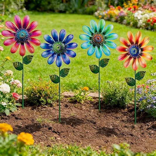 Metal Flowers Garden Stakes Outdoor Decor, 18 inch Shaking Flower Garden Yard Art, Weather Proof Flower Stakes for Yard Lawn Porch Pathway Patio Plant Pot Decorations, 4 Pack (Flower-b-Head)