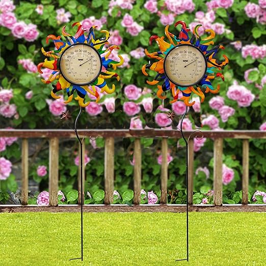 Metal Sun Thermometer Indoor Outdoor Ornament Wall Art Decor, Sun Plaque Sculpture Hanging Mounted for Living Room Bedroom Kitchen Patio for Home or Garden, No Battery Required (ORANGE SUN STAKE)