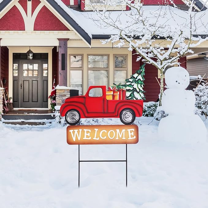Whaline Valentine's Day Metal Yard Stakes Easter Welcome Interchangeable Garden Stake Red Truck Decor Set with Seasonal Sign Loads, Set of 9