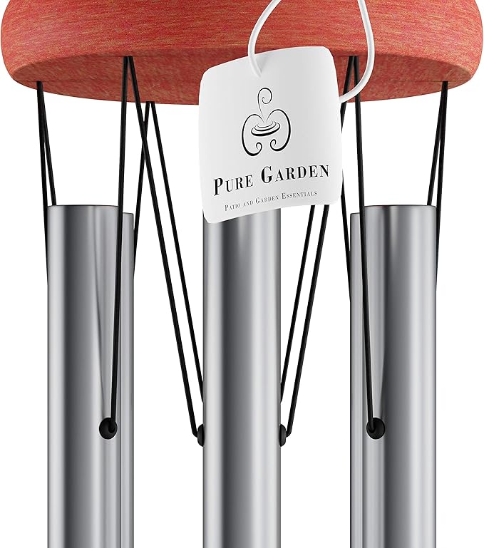 Metal and Wood Wind Chimes - 28-Inch Tuned Metal Chimes - Soothing Tones for Garden, Patio, Porch, or Outdoor Decor by Pure Garden (Silver Finish)