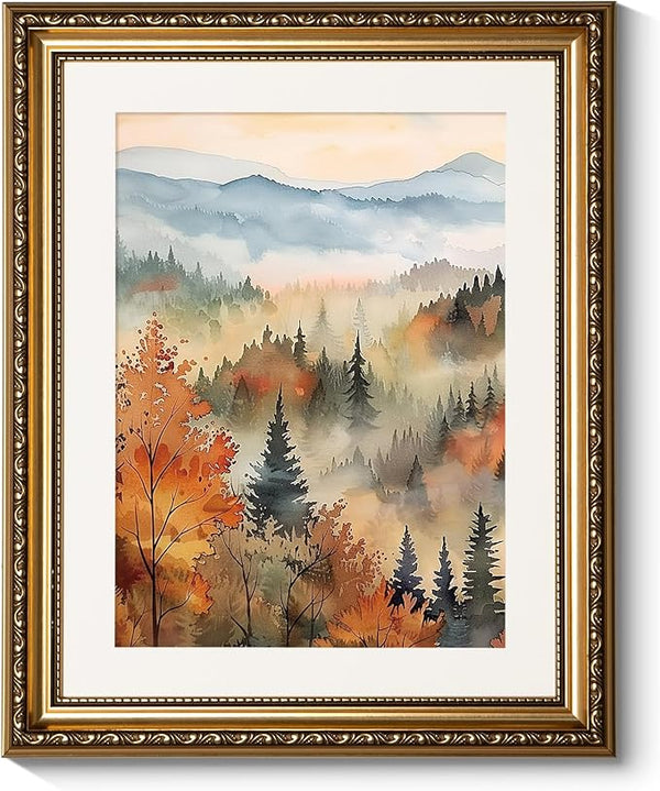 ARPEOTCY Vintage Gold Framed Wall Art, 13x16 inch Classical Fall Forest Autumn landscape Paintings, Canvas Prints Artwork with Antique Frame, Victorian Wall Picture Decor for Gallery Living Room