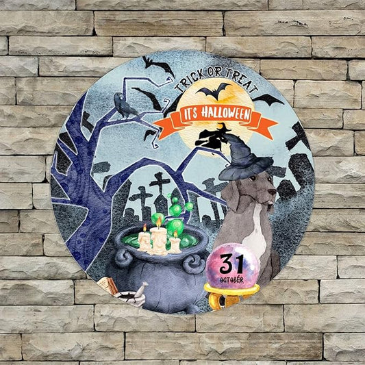 Retro Metal Sign 12"x12",Happy Halloween Scary Night Grave Witch Bats Trick Or Treat Dog Aluminum Tin Metal Sign for Home Living Room Bedroom Garden Farm Patio Decor Wall Art Poster