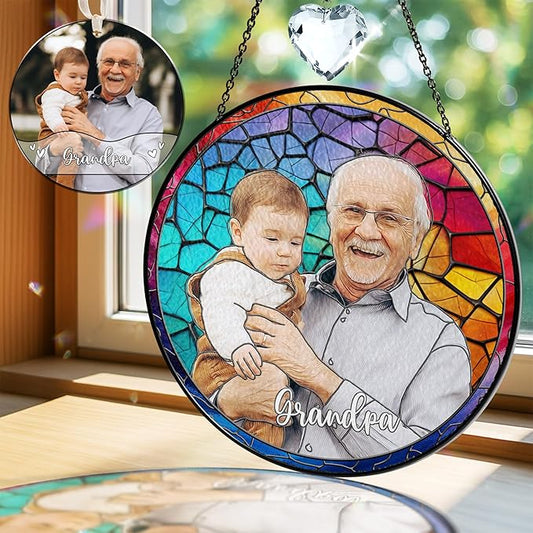 VINATIMES Personalized Grandma Stained Glass Suncatcher, Photo Family Faux Stained Glass Window Hanging Ornament, Custom Grandparent Day 2025 Gifts for Grandma, Birthday Gift for Dad, Grandpa