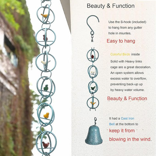 Phaxth Colorful Birds in a Cage Rain Chain for Heavy Rain, Functional and Decorative Replacement Downspout Chain for Outside, Metal Rain Catcher Chain for Gutters, 8.5FT, Antique Blue