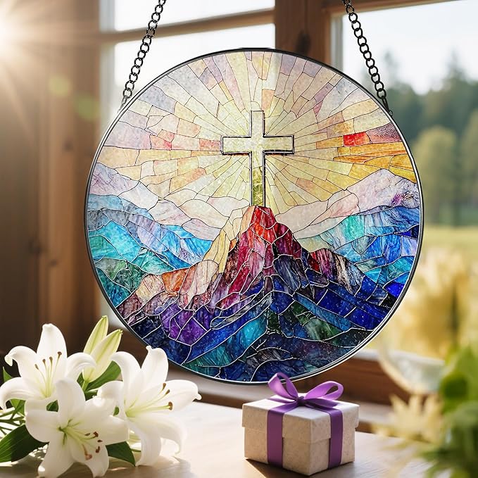 Stained Glass Suncatcher, Cross Sun Catcher Ornament, Easter Faith Cross; Stained Glass Window Hanging, Christmas Ornament, Jesus Home Decor, Christian Home Decor; Christian Gifts, Religious Gifts