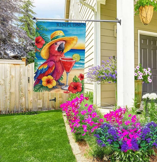Summer Tropical Parrot House Flag 28x40 Inch Double Sided Outside, Colorful Beach Yard Decor Large Burlap Garden Flag for Outdoor Holiday Decoration