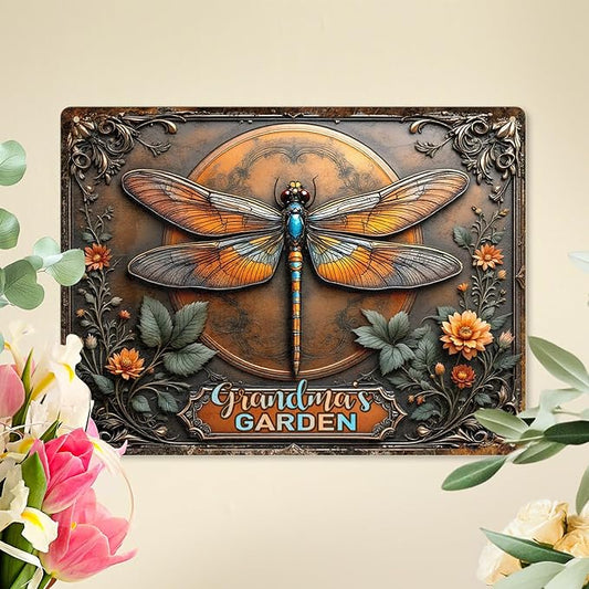 Custom Garden Signs Personalized Metal Tin Sign for Women, Retro Dragonfly Metal Sign for Outdoor, Patio, Yard Rustic Home Decor Gift for Mothers Day, Grandmas, and Gardening Lovers