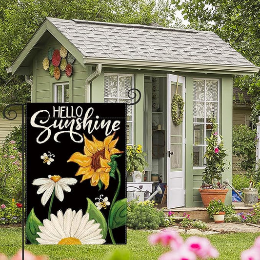 AVOIN colorlife Daisy Sunflower Hello Sunshine Garden Flag 12x18 Inch Double Sided, Summer Seasonal Holiday Burlap Yard Outdoor Decoration Black
